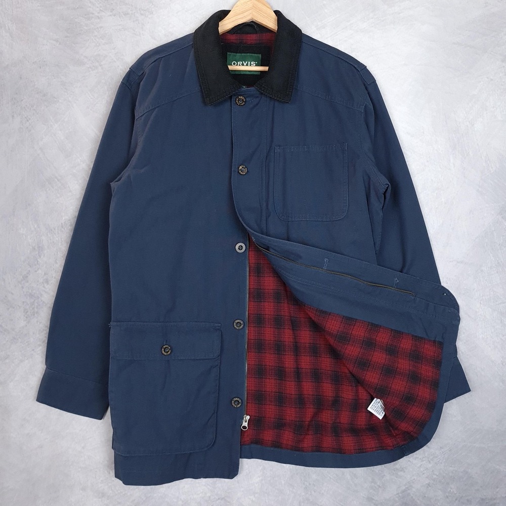 Orvis Barn Coat Mens Medium Blue Canvas Plaid Lined Corduroy Collar Workwear